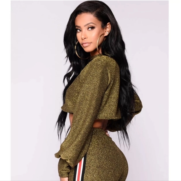 Fashion Nova gold long puff sleeves‎ glittery crop top women's large - Picture 2 of 16